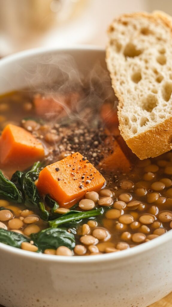 A hearty bowl of lentil soup loaded with diced carrots, celery, and tomatoes, garnished with fresh parsley. Served in a rustic, deep ceramic bowl with a soft beige tone, the soup is paired with a slice of crusty whole-grain bread on the side. Natural lighting enhances the vibrant vegetable colors and warm, nourishing vibe of this fiber-rich meal.