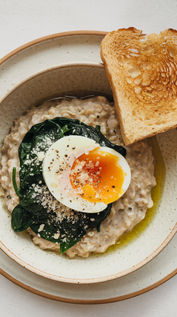 A cozy bowl of savory oatmeal topped with sautéed spinach, a soft-boiled egg, and a sprinkle of grated parmesan. Plated in a minimalist ceramic bowl with a drizzle of olive oil and a pinch of cracked black pepper, it’s paired with a side of warm toast for an inviting, budget-friendly start to the day