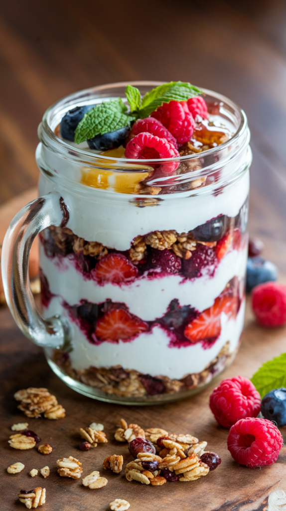 A layered parfait of creamy Greek yogurt, protein-packed granola, and fresh mixed berries, topped with a drizzle of honey and a few mint leaves. Served in a rustic glass jar with a curved rim, the parfait sits on a wooden surface alongside a scattering of granola and berries. Natural lighting enhances the creamy yogurt and vibrant fruit colors, making this a refreshing, protein-rich snack or breakfast idea.