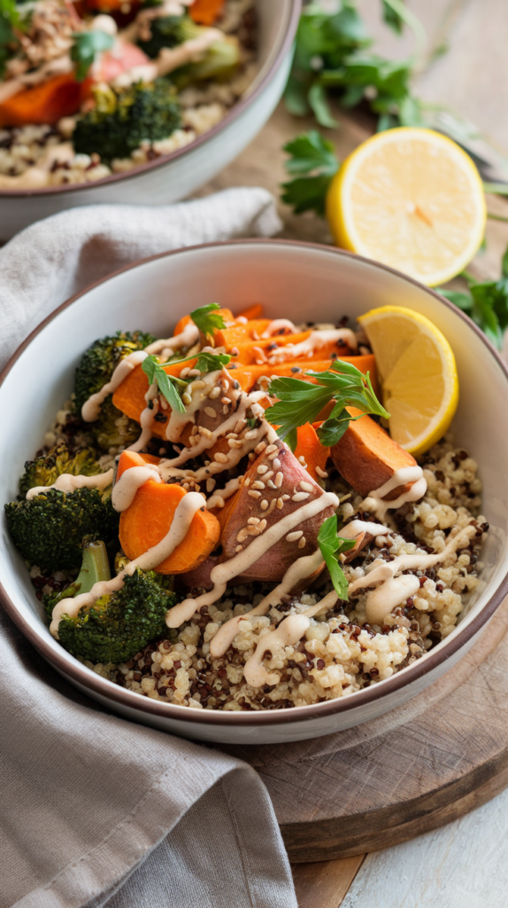 An array of roasted vegetables—sweet potatoes, broccoli, and carrots—served over fluffy quinoa with a drizzle of tahini dressing. The bowl is garnished with toasted sesame seeds and a sprinkle of fresh parsley, with a lemon wedge nearby for an extra burst of flavor. The scene includes a rustic wooden board and a soft linen napkin, with natural lighting emphasizing the vibrant, earthy tones.