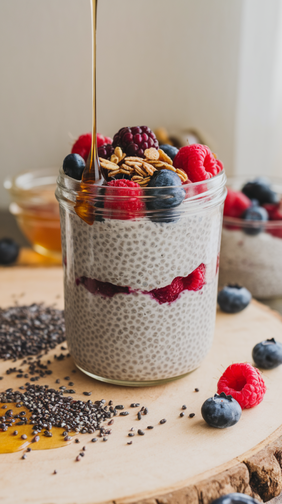 Layers of creamy chia pudding and fresh mixed berries, topped with a sprinkle of granola and a drizzle of honey. Served in a clear glass jar with a curved rim, the pudding sits on a wooden surface with a scattering of chia seeds and berries. Soft natural lighting enhances the vibrant berry tones and creamy texture, creating a refreshing, fiber-rich breakfast or snack