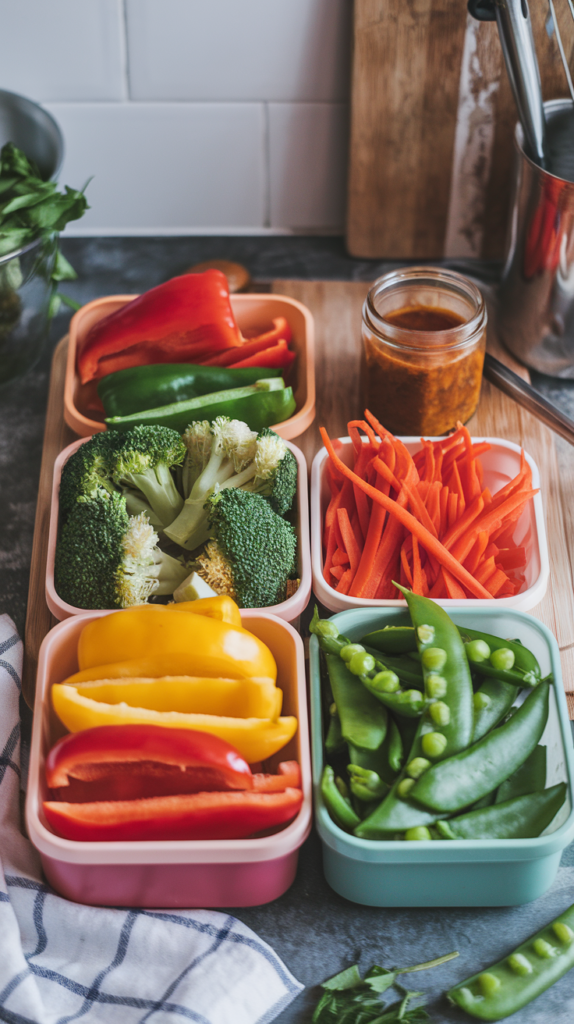 A colorful arrangement of prepped stir-fry ingredients, including sliced bell peppers, broccoli florets, julienned carrots, and snap peas, neatly divided into reusable containers. A small jar of homemade stir-fry sauce sits beside them, ready for quick assembly. Set on a rustic kitchen counter, the scene is vibrant and inviting, emphasizing convenience and flavor