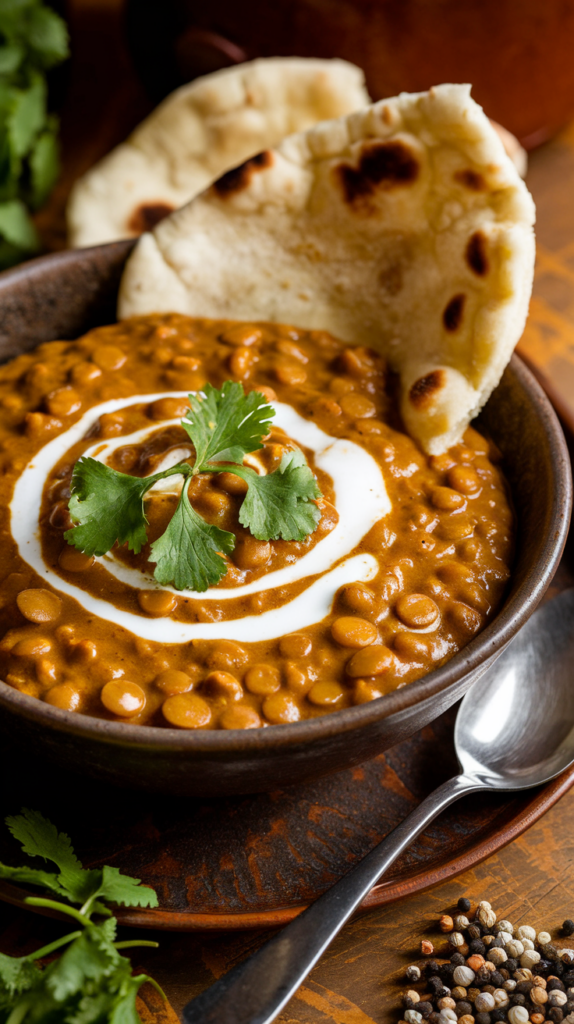 A comforting bowl of lentil curry topped with a swirl of coconut cream and fresh cilantro, served with warm naan bread on the side. The dish is presented in a rustic bowl with a small spoon and a scattering of spices nearby. Warm lighting enhances the rich, golden curry tones.