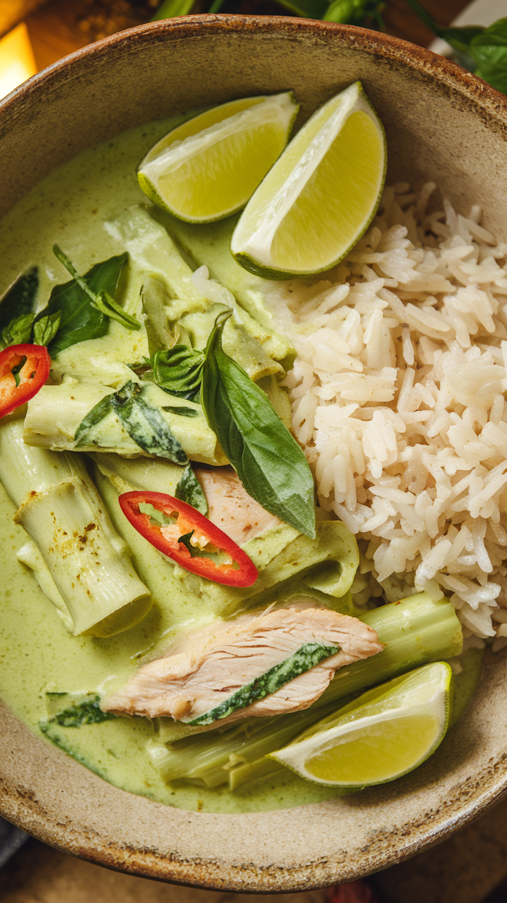 A creamy green curry with tender chicken, bamboo shoots, and fresh Thai basil, served alongside fluffy jasmine rice. Garnished with lime wedges and red chili slices, the dish is presented in a rustic bowl, with warm lighting enhancing the vibrant green tones and creamy texture.