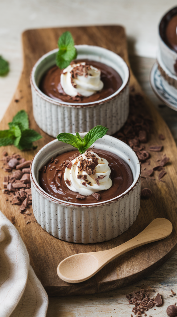 Decadent chocolate mousse made with rich coconut milk, served in delicate rustic ramekins with a matte finish. Topped with a swirl of coconut cream and a sprinkle of shaved chocolate, the mousse is garnished with a fresh mint leaf. A small wooden spoon and a scattering of cocoa nibs add a cozy touch, with natural lighting highlighting the velvety texture of this dairy-free dessert.