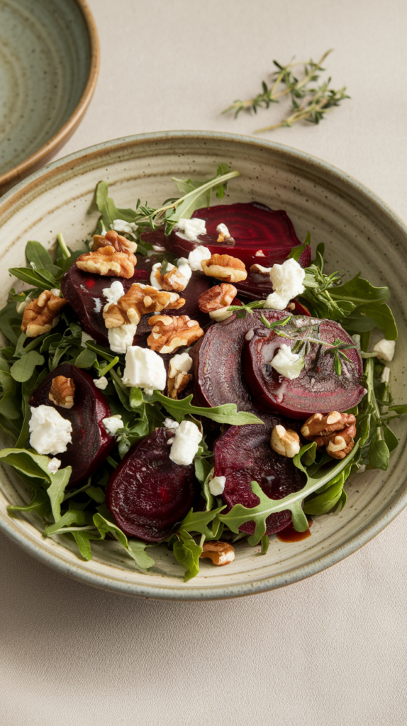 Thinly sliced roasted beets tossed with arugula, toasted walnuts, and crumbled goat cheese, drizzled with a balsamic vinaigrette. Served in a wide, shallow ceramic bowl with earthy tones, the salad is garnished with a few sprigs of fresh thyme. Soft natural lighting highlights the deep red beets and crunchy walnuts, creating a vibrant, fiber-packed salad.