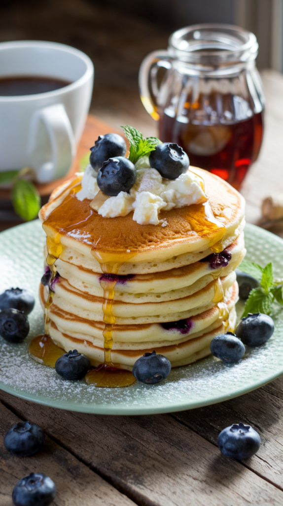 Fluffy golden pancakes stacked high, each layer bursting with plump blueberries. A dollop of creamy cottage cheese sits on top, alongside a drizzle of warm maple syrup cascading down the stack. The plate is adorned with extra fresh blueberries, a sprig of mint, and a dusting of powdered sugar. Set on a rustic wooden table with soft natural lighting, the scene includes a cup of steaming coffee and a small jar of syrup to complete the cozy breakfast setting.