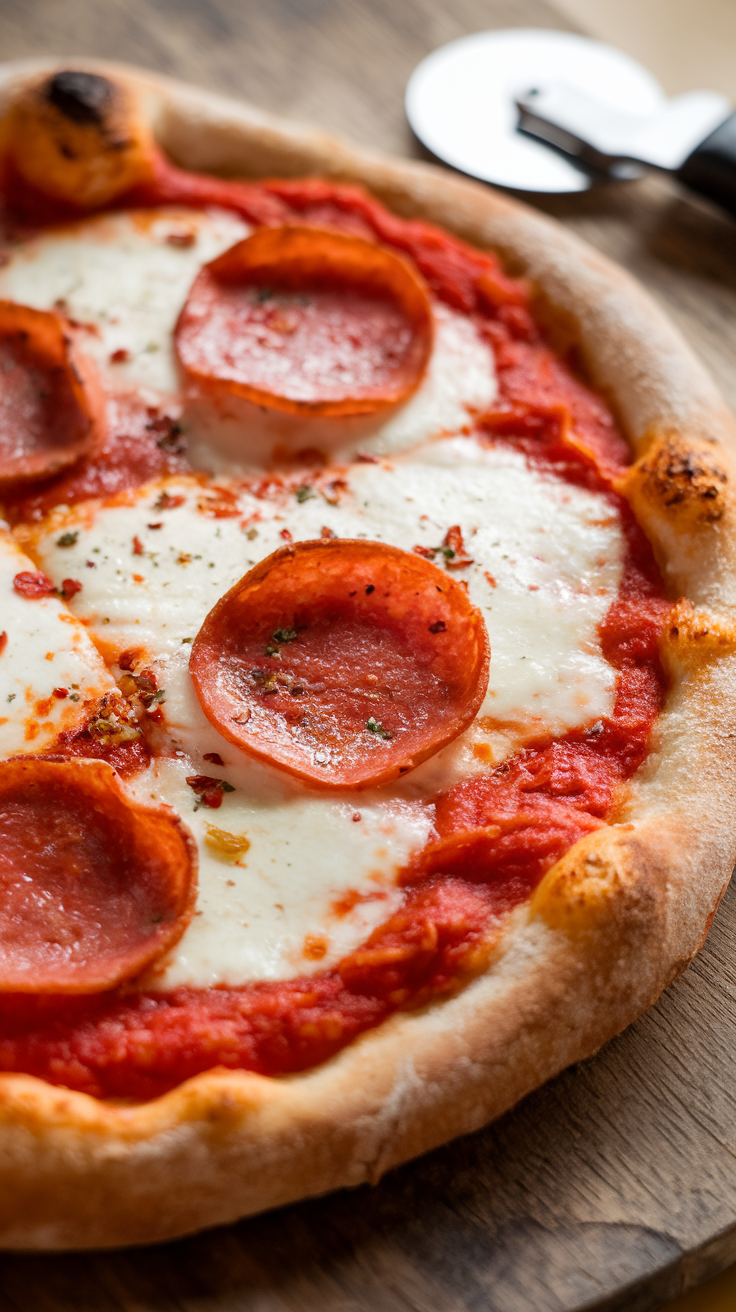 A golden-brown pizza crust topped with tangy tomato sauce, melted mozzarella, and crispy, slightly curled pepperoni slices. Garnished with a light sprinkle of oregano and red chili flakes, the pizza is served on a rustic wooden board with a pizza cutter alongside. Soft natural lighting emphasizes the bubbling cheese and rich red tones, making this a timeless and irresistible classic.