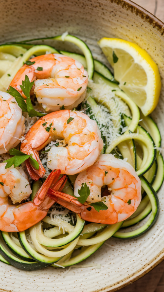 Succulent shrimp sautéed in a garlic butter sauce, served over a bed of zucchini noodles. Garnished with a sprinkle of grated parmesan and fresh parsley, the dish is presented in a shallow ceramic bowl with earthy tones. A small wedge of lemon adds a zesty accent, while natural lighting highlights the vibrant greens and golden shrimp for a fresh, keto-friendly meal.