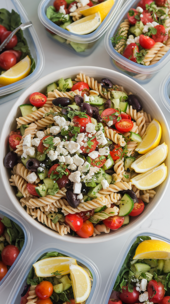 A large bowl of whole-grain pasta tossed with cherry tomatoes, cucumbers, black olives, and a light vinaigrette, topped with crumbled feta and fresh herbs. Served with lemon wedges on the side, the salad sits in a simple white dish, surrounded by prep containers filled with portions for the week. Natural light highlights the fresh and vibrant colors.