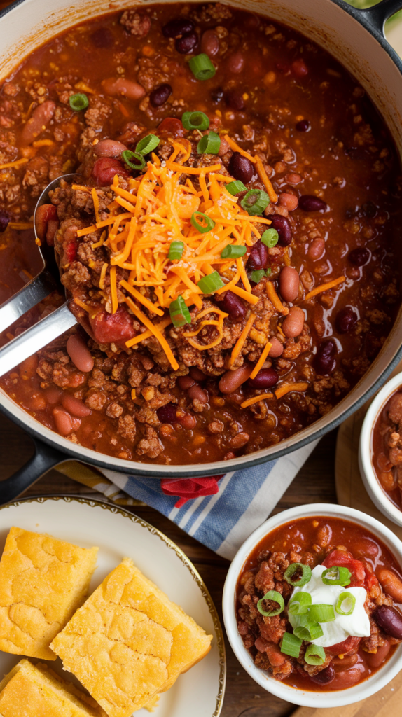 A large pot of hearty chili filled with ground beef, beans, and tomatoes, topped with shredded cheese and sliced green onions. Ladles of chili are served in small bowls on the side, with a plate of cornbread in the frame. Warm lighting highlights the rich, comforting texture