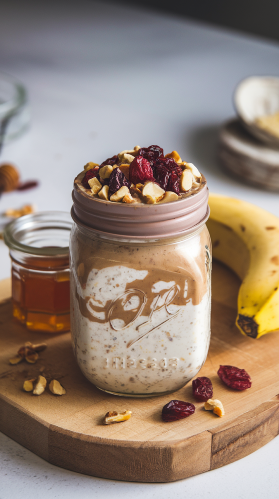 A mason jar layered with creamy oats, almond milk, and a swirl of nut butter, topped with a handful of dried cranberries and chopped nuts. The jar is nestled on a wooden cutting board alongside a banana and a small jar of honey for a cozy, minimalist look.