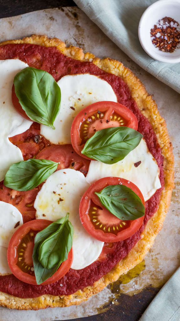 A golden, crispy cauliflower crust topped with fresh tomato slices, melted mozzarella, and fragrant basil leaves. Arranged on a rustic pizza stone, the pizza is garnished with a drizzle of olive oil and a sprinkle of sea salt. A linen napkin and a small dish of crushed red pepper flakes complete the cozy, paleo-friendly presentation, with natural lighting highlighting the rich textures.