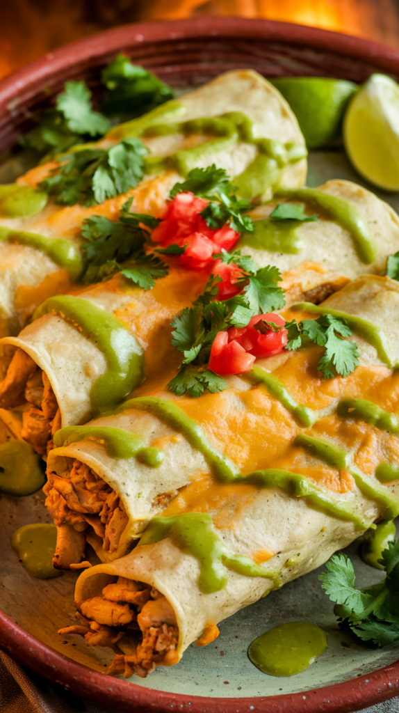 Soft corn tortillas filled with seasoned chicken, rolled up and smothered in melted cheese. Drizzled with a tangy verde sauce and garnished with fresh cilantro and diced tomatoes, the enchiladas are served on a rustic ceramic platter with a side of lime wedges. The warm lighting highlights the vibrant greens and golden cheese.