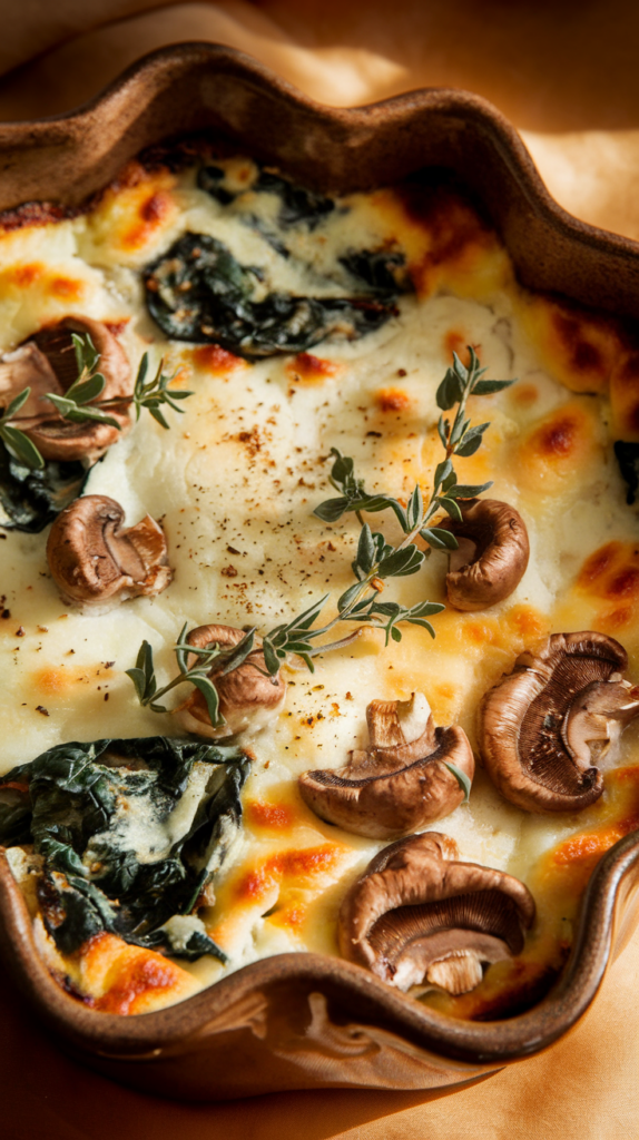 A rich, cheesy casserole featuring tender spinach and sautéed mushrooms, baked with a golden mozzarella crust. Served in a rustic oval baking dish with curved edges, the casserole is garnished with fresh thyme sprigs and a light dusting of cracked black pepper. Warm, earthy tones and soft natural lighting create a cozy, indulgent presentation perfect for keto-friendly comfort food."