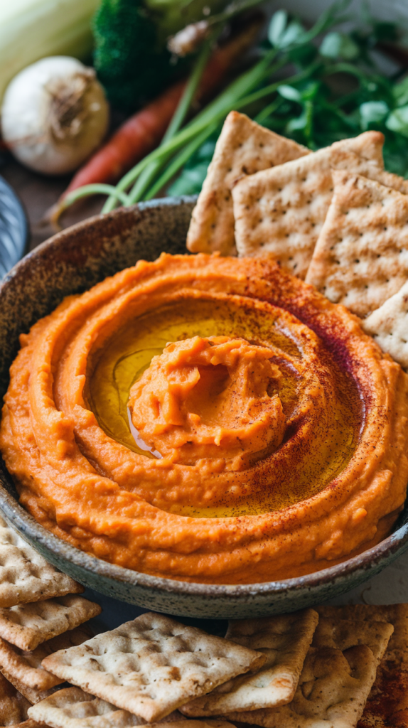 A vibrant carrot and red lentil dip blended with cumin, garlic, and a touch of lemon juice, garnished with a swirl of olive oil and a sprinkle of smoked paprika. Served in a rustic bowl, surrounded by whole-grain crackers for an affordable, healthy snack platter.