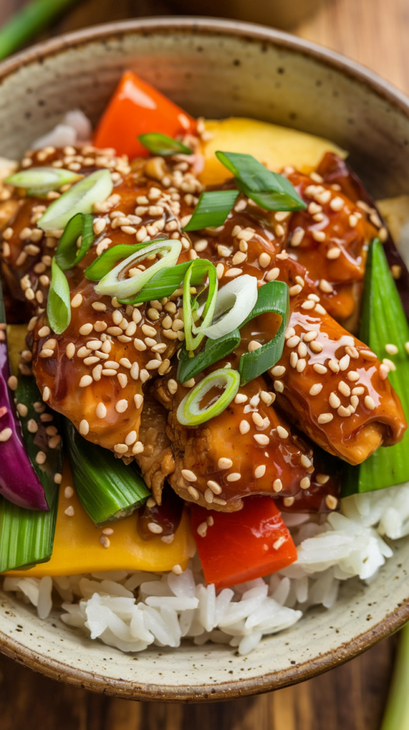 A vibrant medley of crisp vegetables and tender chicken pieces coated in a glossy sesame ginger sauce. Served over steamed jasmine rice in a rustic ceramic bowl, the dish is topped with sesame seeds and sliced green onions. Soft, warm lighting highlights the rich sauce and colorful veggies.