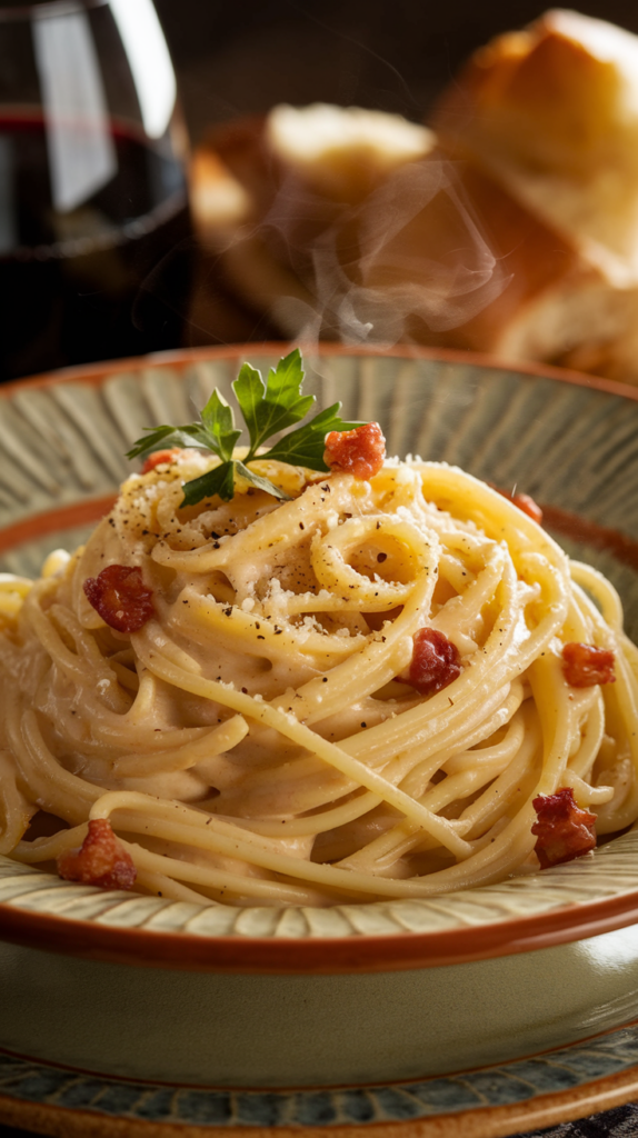 A steaming plate of spaghetti tossed in a silky egg-based sauce, speckled with crispy pancetta and freshly cracked black pepper. Garnished with a dusting of Parmesan and a sprig of parsley, the dish is served on a rustic ceramic plate with a glass of red wine and crusty bread in the background. The warm lighting highlights the creamy texture and golden tones, creating a cozy Italian vibe