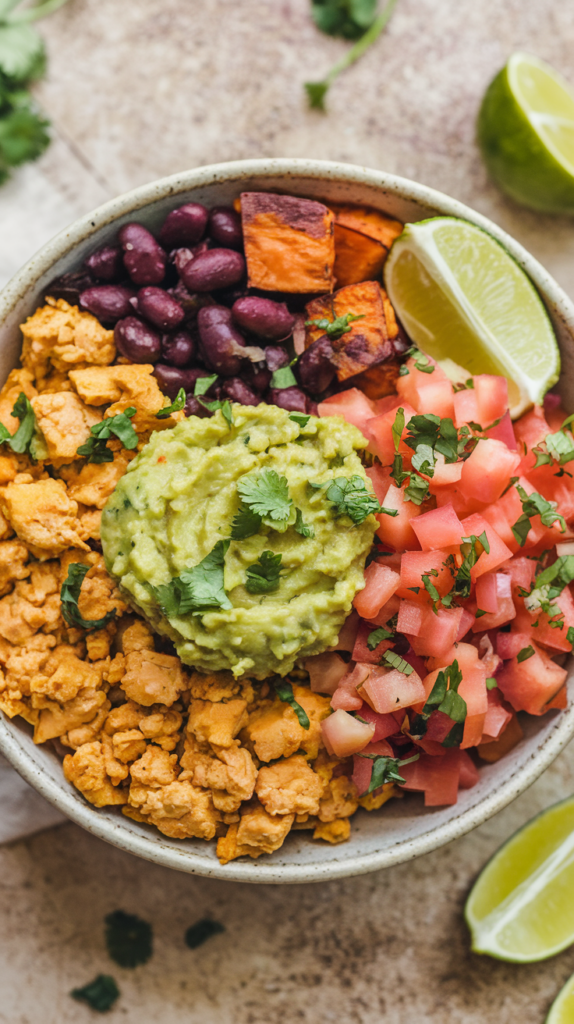 A vibrant bowl filled with scrambled tofu, black beans, roasted sweet potatoes, and pico de gallo, topped with a dollop of guacamole. The dish is sprinkled with chopped cilantro and lime wedges on the side, styled on a textured neutral background for a fresh, energizing start to the day.