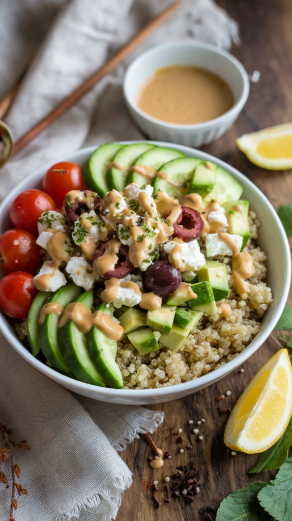 A vibrant bowl of fluffy quinoa topped with a medley of Mediterranean-inspired toppings: juicy cherry tomatoes, crisp cucumber slices, creamy avocado, and briny kalamata olives. Crumbled feta and a drizzle of tangy lemon-tahini dressing tie it all together, with a sprinkle of fresh parsley and a pinch of za’atar for an extra burst of flavor. The bowl is set on a rustic wooden surface, accompanied by a small dish of dressing and a few scattered lemon wedges. Natural lighting highlights the vibrant colors, while a neutral linen napkin and subtle earthy accents complete the inviting, wholesome vibe—perfect for a refreshing, nourishing lunch.