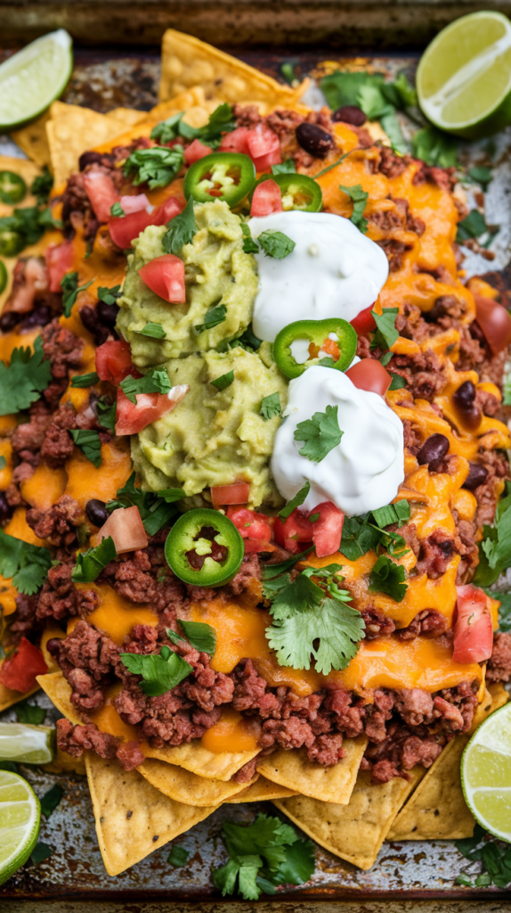 A colorful platter of tortilla chips layered with melted cheese, seasoned ground beef, and black beans, topped with dollops of guacamole and sour cream. Sprinkled with jalapeños, chopped tomatoes, and cilantro, the dish is served on a rustic baking sheet with lime wedges on the side. Natural lighting enhances the vibrant toppings and crispy chips.