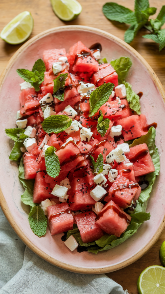 Vibrant cubes of juicy watermelon paired with crumbled feta cheese, fresh mint leaves, and a sprinkle of black sesame seeds for a pop of contrast. Drizzled with a light balsamic glaze, the salad is arranged on a wide, rustic ceramic platter with soft blush undertones, creating a modern, feminine presentation. A few lime wedges and scattered mint sprigs rest nearby, adding a fresh and zesty touch. Natural lighting enhances the bright reds, whites, and greens, while a warm wooden surface and a delicate linen napkin complete the inviting, summery vibe.