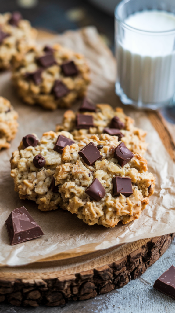 Chewy banana oatmeal cookies studded with chunks of dark chocolate, served on a rustic wooden board lined with parchment paper. A few scattered chocolate chunks and a small glass of almond milk enhance the cozy, homemade feel. Soft natural lighting highlights the golden cookies and rich chocolate, creating a warm and inviting dairy-free snack.