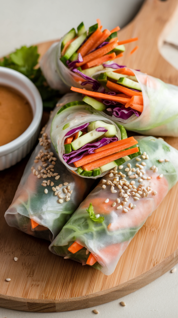 Fresh spring rolls filled with julienned carrots, red cabbage, cucumber, and avocado, served on a wooden board. A small bowl of peanut dipping sauce and a sprinkle of sesame seeds complete the elegant appetizer.