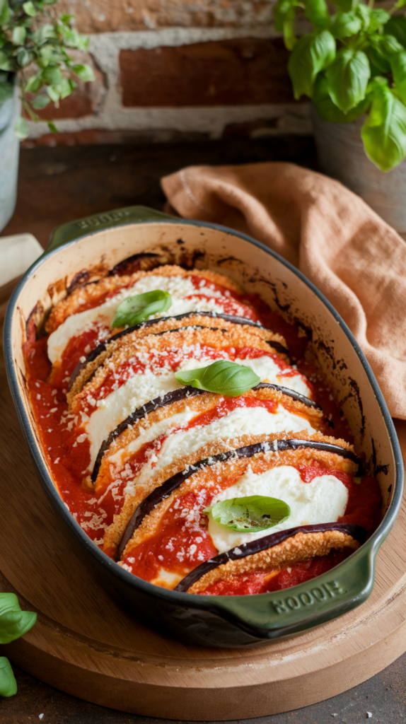 Golden, breaded eggplant slices layered with marinara sauce, melted mozzarella, and fresh basil, baked to perfection. Served in a rustic oval baking dish with slightly curved edges, the dish is garnished with a sprinkle of grated parmesan and a few basil leaves. A soft linen napkin in warm tones adds a cozy, inviting vibe, with natural lighting highlighting the bubbling cheese and rich tomato sauce.