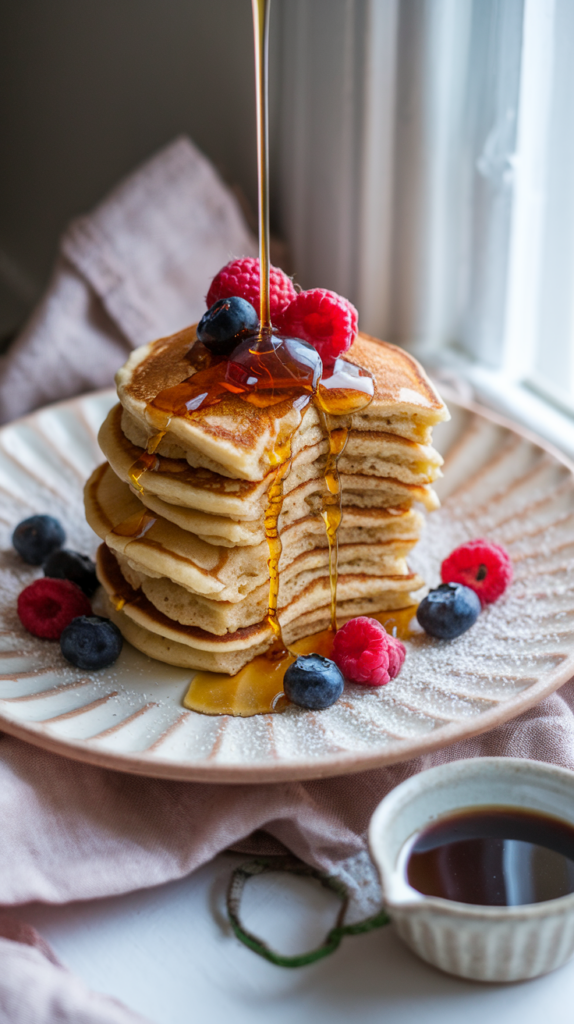 Golden, fluffy almond flour pancakes stacked high, topped with a drizzle of maple syrup and fresh berries. Served on a rustic ceramic plate with subtle blush tones, the pancakes are garnished with a light dusting of powdered sugar. A small bowl of syrup and a linen napkin complete the inviting, breakfast-ready vibe, highlighted by natural lighting.