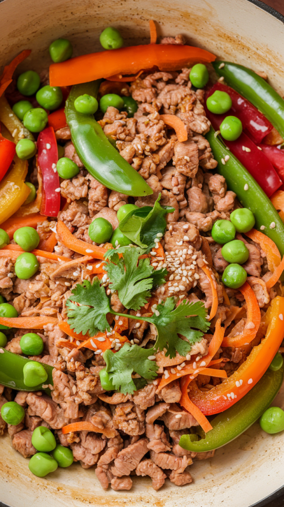 Ground turkey sautéed with colorful bell peppers, snap peas, and shredded carrots in a savory soy-ginger sauce. Presented in a rustic skillet with a warm, earthy tone, the stir-fry is garnished with a sprinkle of sesame seeds and fresh cilantro. Natural lighting highlights the vibrant colors and textures, creating a fresh and satisfying high-protein dinner option.