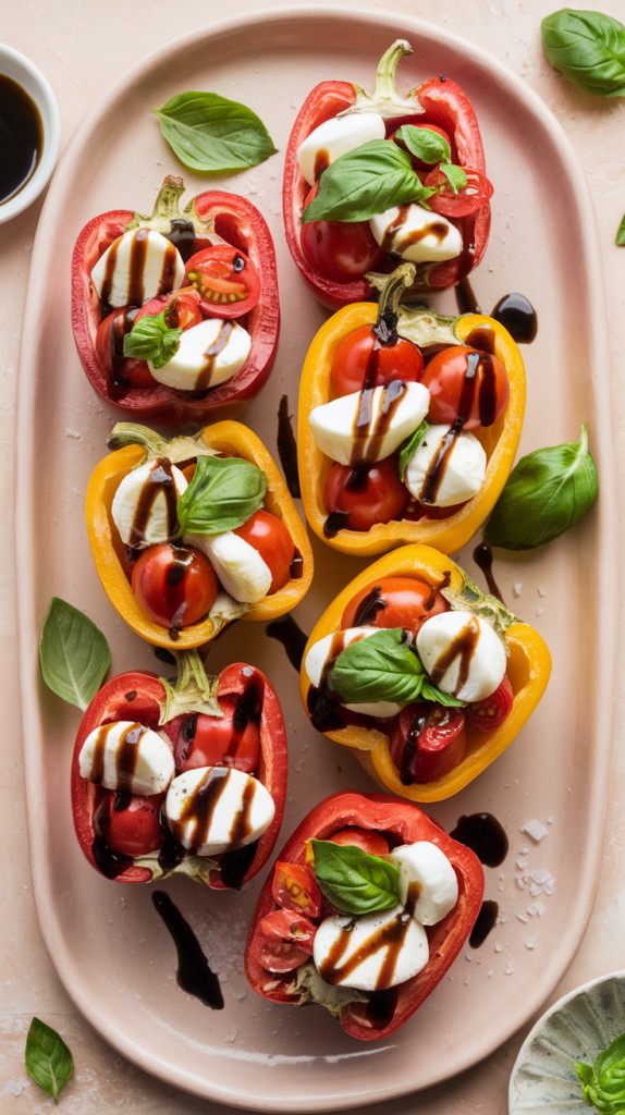 Halved bell peppers stuffed with juicy cherry tomatoes, mozzarella pearls, and fresh basil leaves, drizzled with a balsamic glaze. Arranged on a wide, modern ceramic platter with a soft blush undertone, the peppers are garnished with a light sprinkle of sea salt. A few scattered basil leaves and a small dish of balsamic glaze complete the fresh, summery aesthetic.