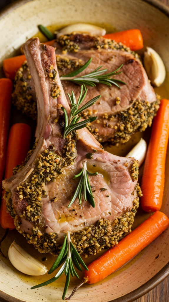 Juicy pork chops coated in a fragrant herb crust, served alongside roasted baby carrots and garlic cloves. Presented on a rustic ceramic platter, the chops are garnished with fresh rosemary sprigs and a drizzle of olive oil. Warm natural lighting highlights the golden crust and earthy tones, creating a hearty, paleo-friendly dish.