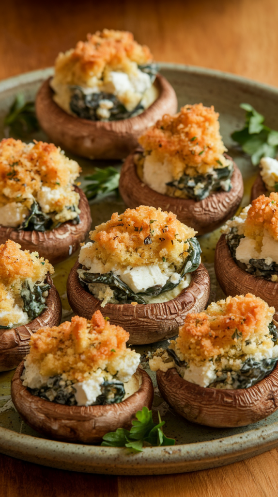 Juicy, roasted mushroom caps filled with a creamy spinach and feta mixture, topped with a golden panko breadcrumb crust. The mushrooms are arranged on a rustic ceramic platter, garnished with fresh parsley and a drizzle of olive oil. Warm wooden tones and soft natural lighting enhance the earthy, savory vibe of this elegant appetizer or side dish.