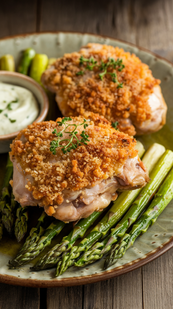 Perfectly crispy chicken thighs coated in a golden parmesan crust, served alongside roasted asparagus spears. Arranged on a rustic ceramic plate, the chicken is garnished with a sprinkle of fresh herbs and accompanied by a small dish of garlic aioli for dipping. Soft natural lighting enhances the warm, golden tones of this satisfying keto dinner.