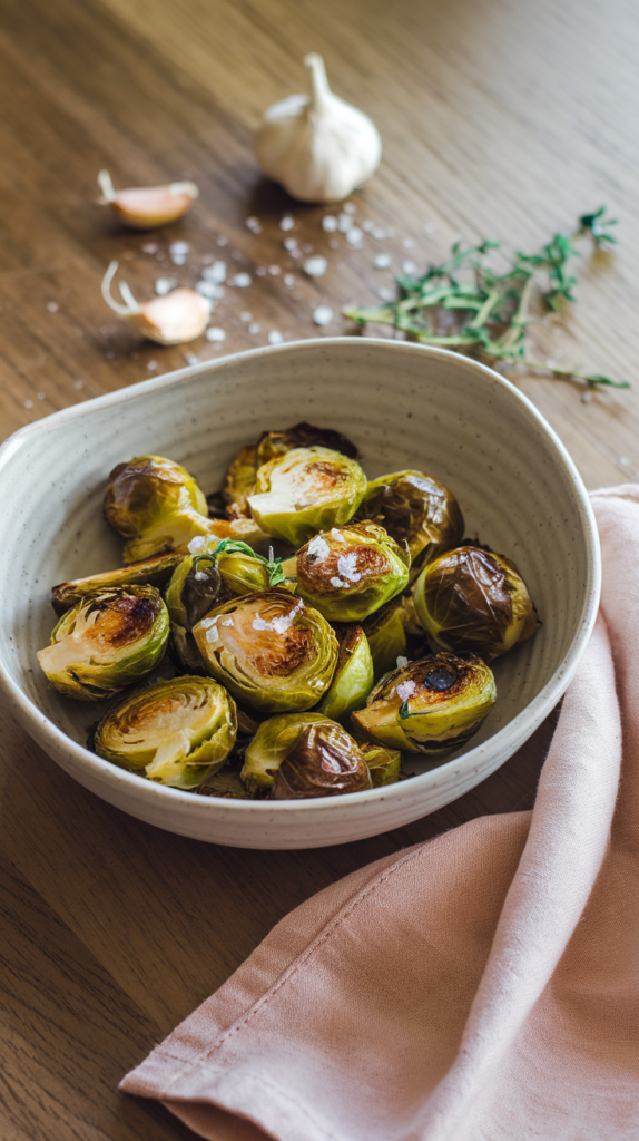 Perfectly roasted Brussels sprouts, caramelized to golden perfection with crisp edges, tossed in a garlicky olive oil glaze. Garnished with a sprinkle of flaky sea salt and a hint of lemon zest for brightness, they’re served in a rustic-yet-modern ceramic bowl with subtle feminine curves. A scattering of garlic cloves and fresh thyme sprigs rests on the wooden table nearby, paired with a soft blush linen napkin for an inviting touch. Natural lighting enhances the warm, earthy tones and vibrant green hues, creating a cozy yet elegant side dish presentation."