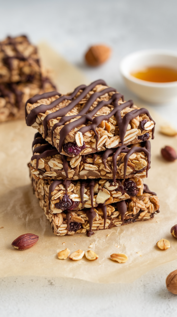 Rustic granola bars packed with rolled oats, dried fruit, and seeds, drizzled with dark chocolate. The bars are neatly stacked on parchment paper with scattered nuts and a small bowl of honey, styled for a wholesome, on-the-go snack.