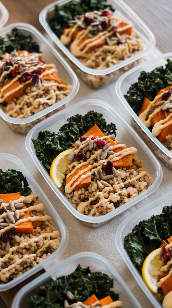 Several meal prep containers neatly filled with quinoa, roasted sweet potatoes, sautéed kale, and a lemon-tahini drizzle. Each container is topped with a sprinkle of sunflower seeds and dried cranberries for added texture. The vibrant, balanced bowls are arranged on a wooden table with a cloth napkin for a wholesome, inviting aesthetic.