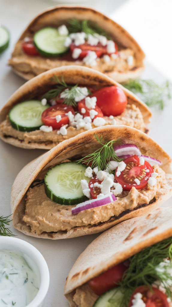 Soft whole-wheat pita pockets stuffed with a mix of hummus, cucumber slices, cherry tomatoes, red onion, and crumbled feta. Each pita is garnished with fresh dill and served with a small dish of tzatziki, styled on a bright and clean table for a refreshing midday meal.