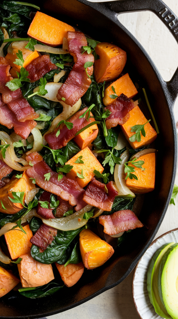 Chunks of roasted sweet potatoes tossed with crispy bacon, caramelized onions, and wilted spinach, garnished with a sprinkle of fresh parsley. Served in a rustic cast-iron skillet, the hash is paired with a small dish of avocado slices for added creaminess. Soft natural lighting emphasizes the rich, earthy colors, making this paleo side dish hearty and satisfying.