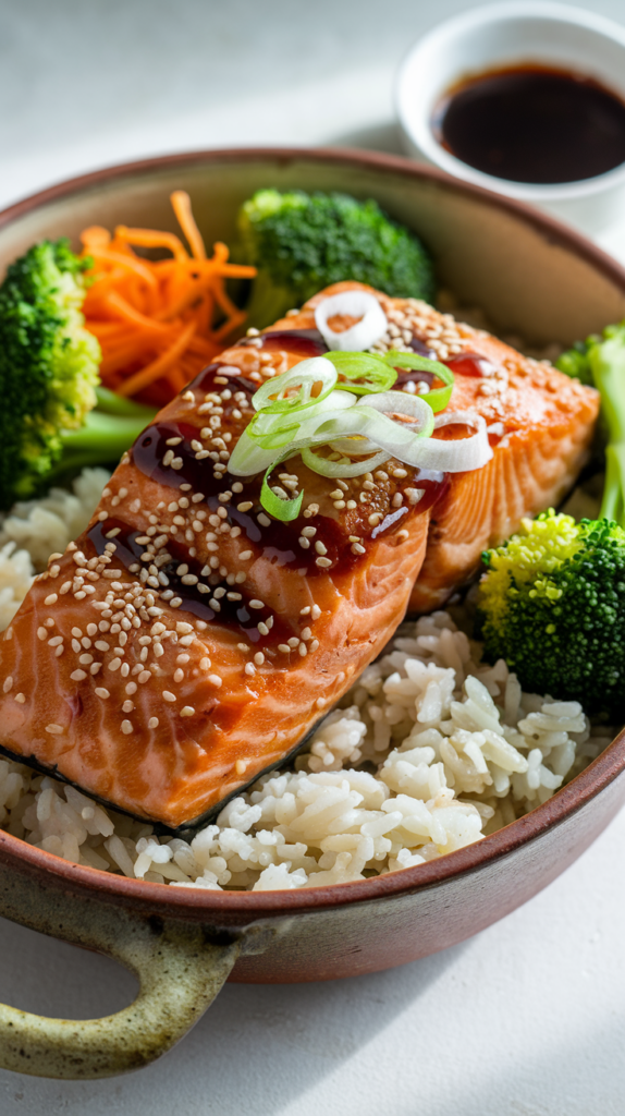 Flaky teriyaki-glazed salmon served over a bed of fluffy jasmine rice, surrounded by crisp steamed broccoli and vibrant shredded carrots. Garnished with a sprinkle of sesame seeds and thinly sliced green onions, the bowl is arranged in a rustic, wide ceramic dish. A small dish of teriyaki sauce sits nearby, while soft natural lighting enhances the glossy glaze and fresh ingredients for a wholesome, high-protein meal.