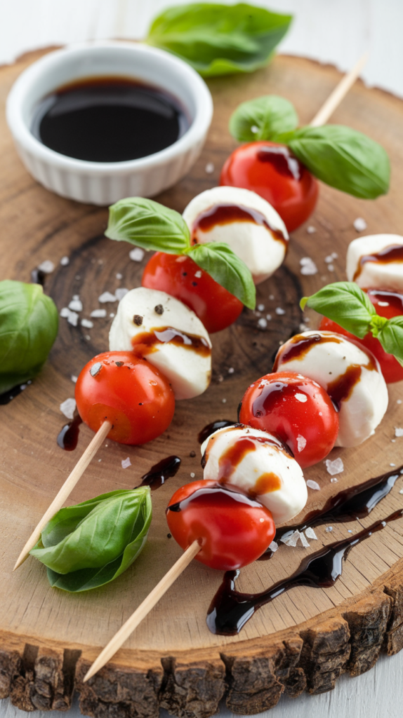 Delicate skewers featuring layers of juicy cherry tomatoes, creamy mozzarella balls, and fresh basil leaves, drizzled with a glossy balsamic glaze. The skewers are arranged on a rustic wooden board, with a sprinkling of flaky sea salt and freshly cracked black pepper for a touch of seasoning. A small dish of extra balsamic glaze sits nearby for dipping, while a scattering of basil leaves adds a pop of green. Natural lighting highlights the vibrant red, white, and green hues, creating a fresh, inviting vibe that’s perfect for a light and elegant appetizer.