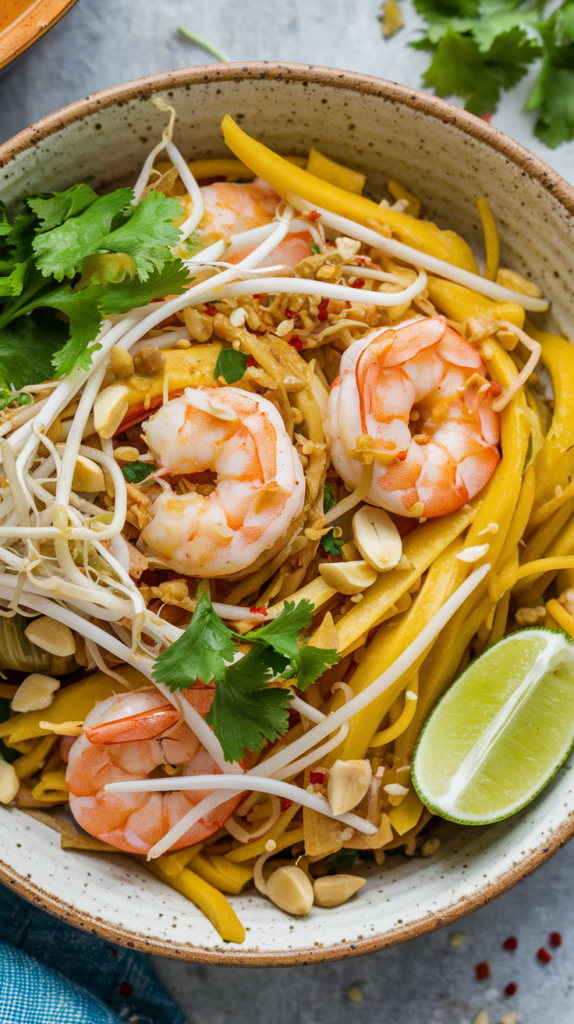 A vibrant and healthy take on the classic, this Spaghetti Squash Pad Thai is tossed with a flavorful, zesty sauce made from tamarind, garlic, and a touch of honey. Tender spaghetti squash strands replace traditional noodles, mingling with shrimp, crunchy peanuts, and fresh bean sprouts. Served in a rustic ceramic bowl, garnished with lime wedges, chopped cilantro, and a sprinkle of red pepper flakes, this dish is a colorful, nourishing, and satisfying twist on a Thai favorite.