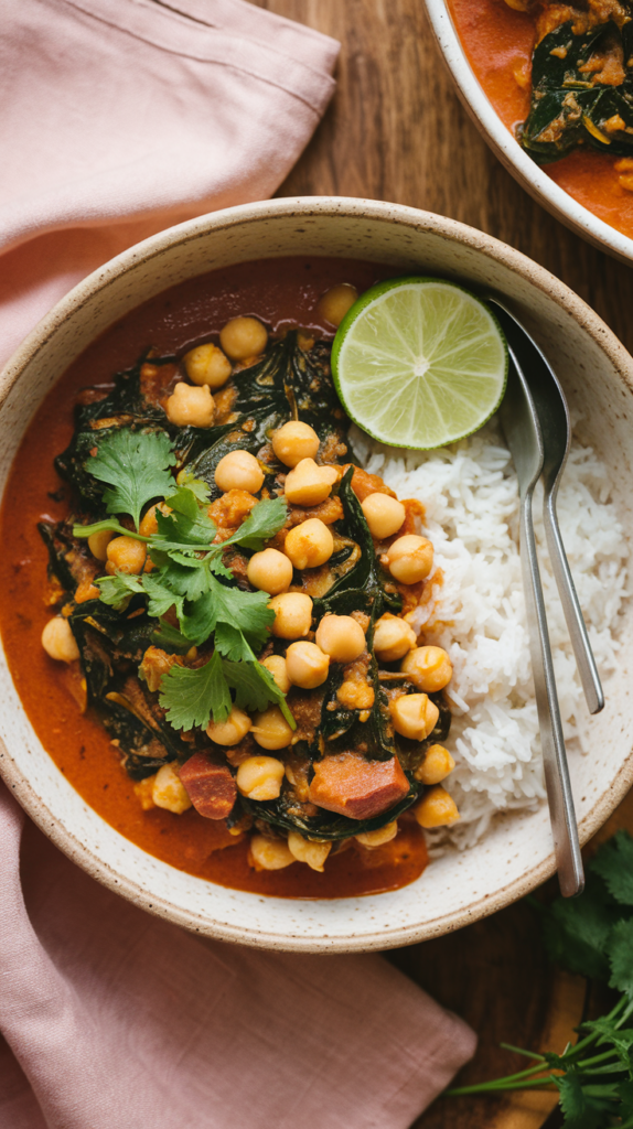 A vibrant curry of chickpeas and tender spinach, simmered in a spiced tomato-coconut sauce. Served in a wide, earthy bowl with a side of steamed jasmine rice, the curry is garnished with fresh cilantro and a squeeze of lime. Warm wooden tones and a subtle blush napkin create a cozy yet inviting aesthetic, enhanced by natural lighting that highlights the rich colors of the dish.