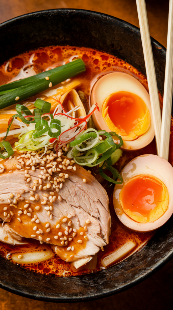 A steaming bowl of ramen with tender chicken pieces, soft-boiled egg halves, and fresh veggies in a rich, spicy broth. Garnished with sesame seeds, green onions, and a drizzle of chili oil, the dish is served in a rustic black bowl with chopsticks resting on the side. The warm lighting enhances the inviting, hearty appearance.