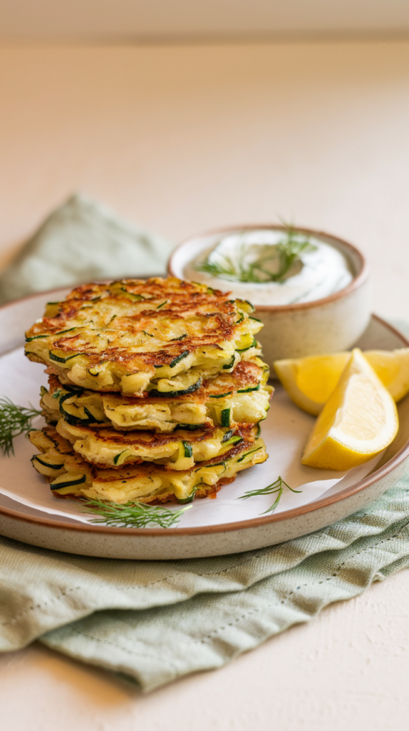 Crispy zucchini fritters stacked on a plate, accompanied by a small bowl of tangy Greek yogurt dip. Garnished with chopped dill and lemon wedges, the fritters are styled on a soft linen napkin for a warm, inviting feel.