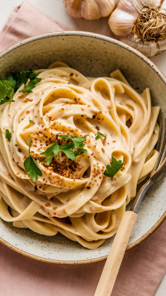 Twirls of tender pasta coated in a silky cashew Alfredo sauce, garnished with a sprinkle of nutritional yeast and freshly chopped parsley. The dish is served in a rustic, blush-toned ceramic bowl with a matte finish, accompanied by a small wooden spoon. A scattering of cashews and cracked black pepper sits nearby, with natural lighting emphasizing the creamy texture and warm, inviting tones.