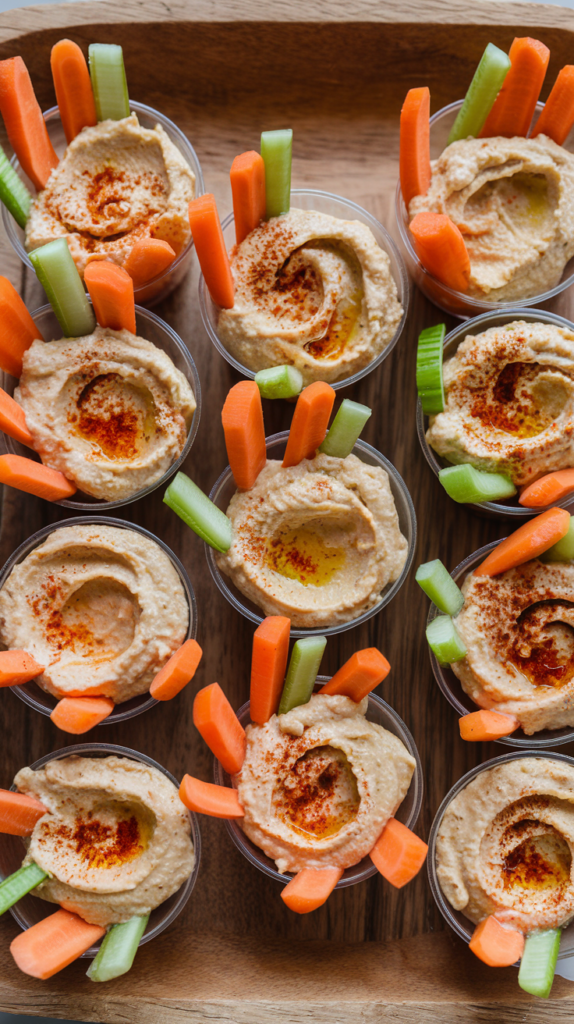 Individual cups filled with layers of creamy hummus, carrot sticks, celery, and colorful bell pepper strips. The cups are styled on a wooden tray with a sprinkle of paprika on the hummus for a visually appealing and easy-to-grab snack.